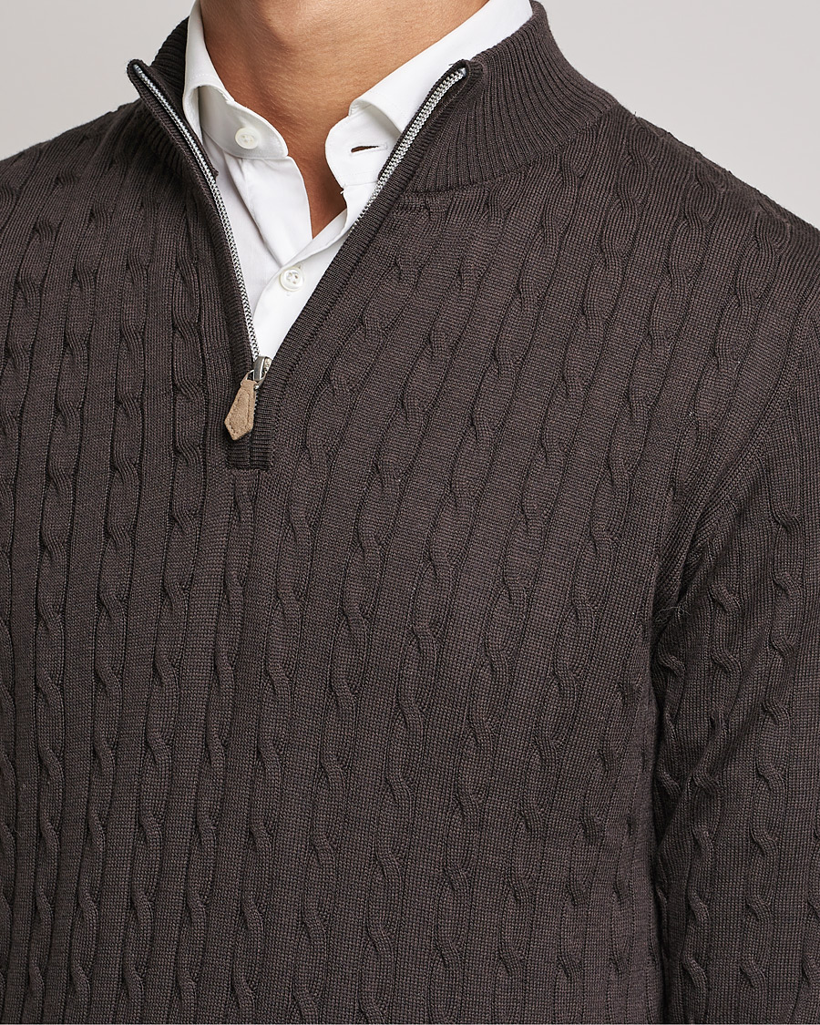 Men | Sweaters & Knitwear | Stenströms | Merino Wool Cable Half Zip Dark Brown
