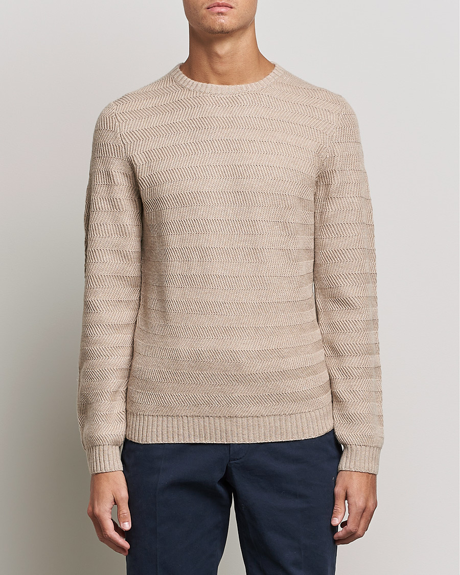 Men | Sweaters & Knitwear | Stenströms | Merino/Cashmere Herringbone Crew Neck Beige