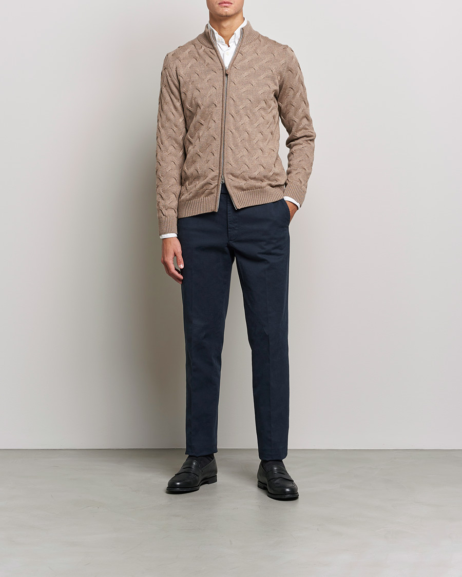 Men | Sweaters & Knitwear | Stenströms | Heavy Cable Merino Full Zip Cardigan Camel
