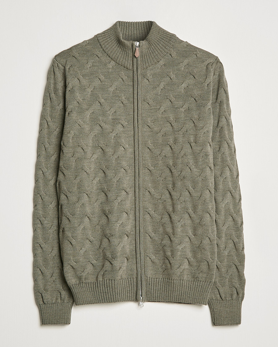 Men | Sweaters & Knitwear | Stenströms | Heavy Cable Merino Full Zip Cardigan Olive