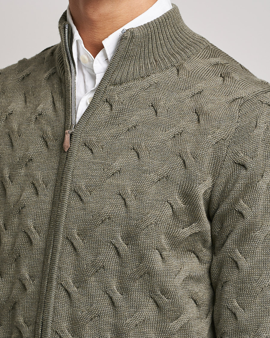 Men | Sweaters & Knitwear | Stenströms | Heavy Cable Merino Full Zip Cardigan Olive