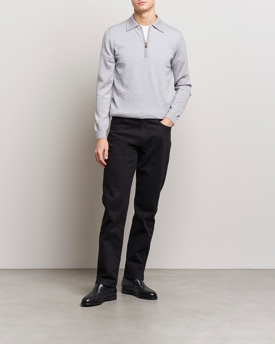 Men | Sweaters & Knitwear | Stenströms | Merino Wool Zip Polo Light Grey