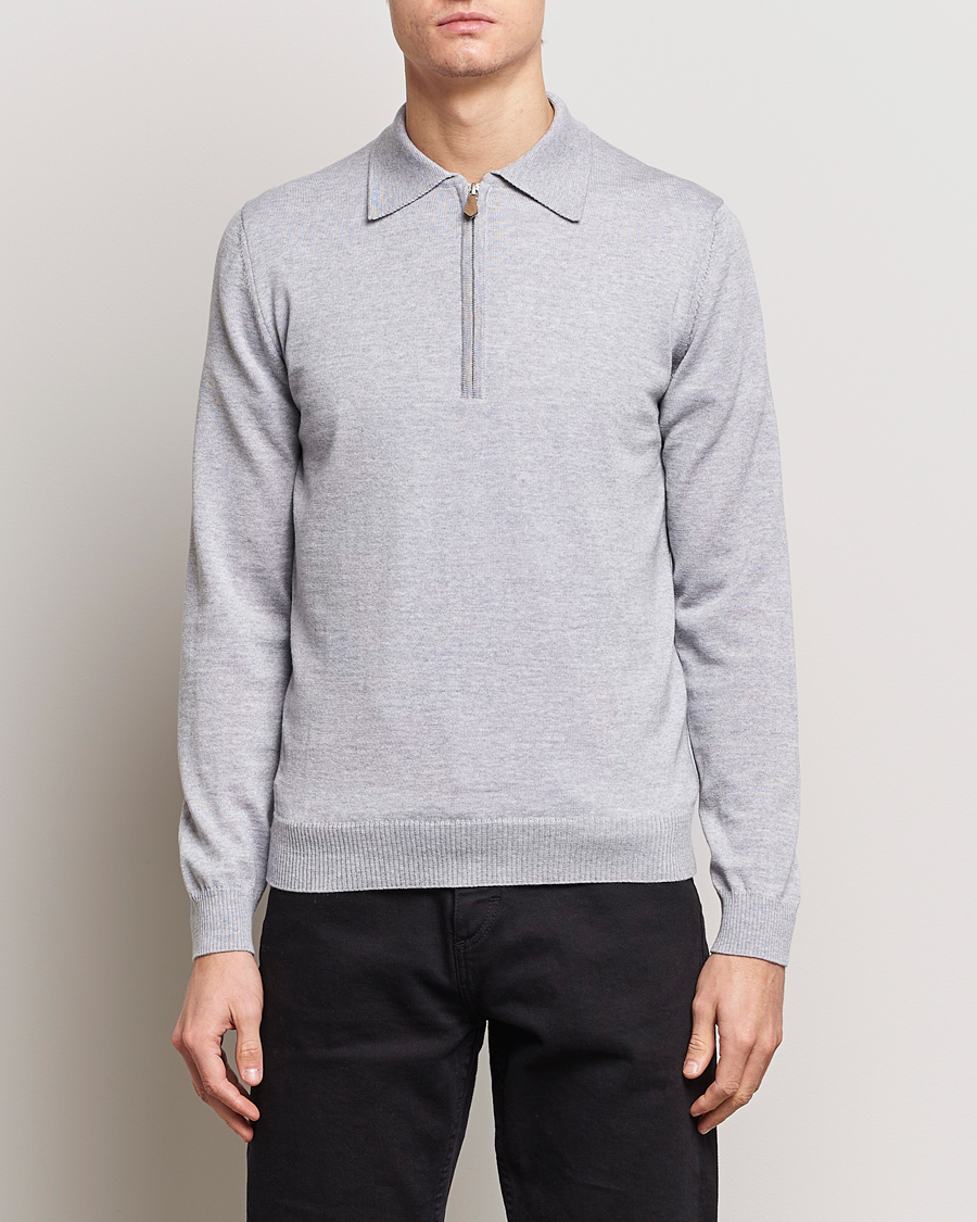 Men | Knitted Polo Shirts | Stenströms | Merino Half Zip Polo Light Grey