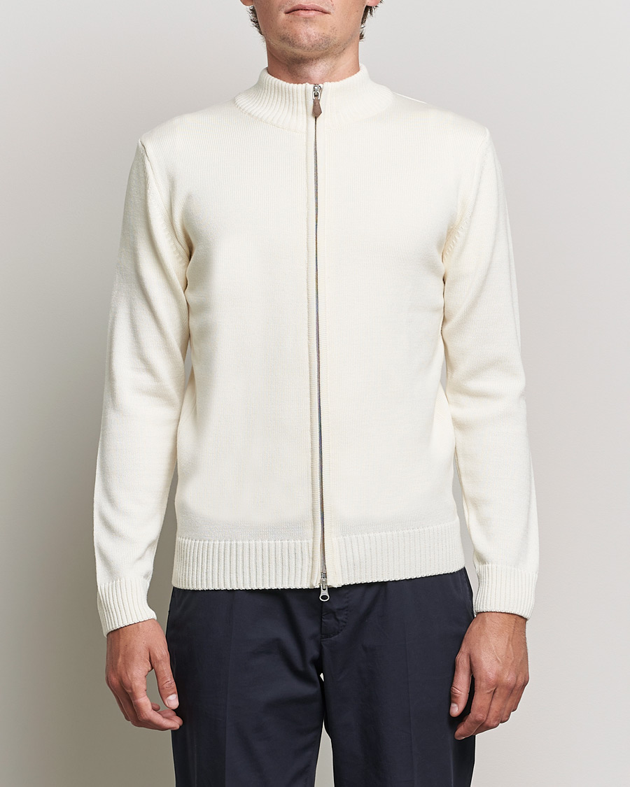 Men | Sweaters & Knitwear | Stenströms | Chunky Merino Full Zip Cardigan Creme White