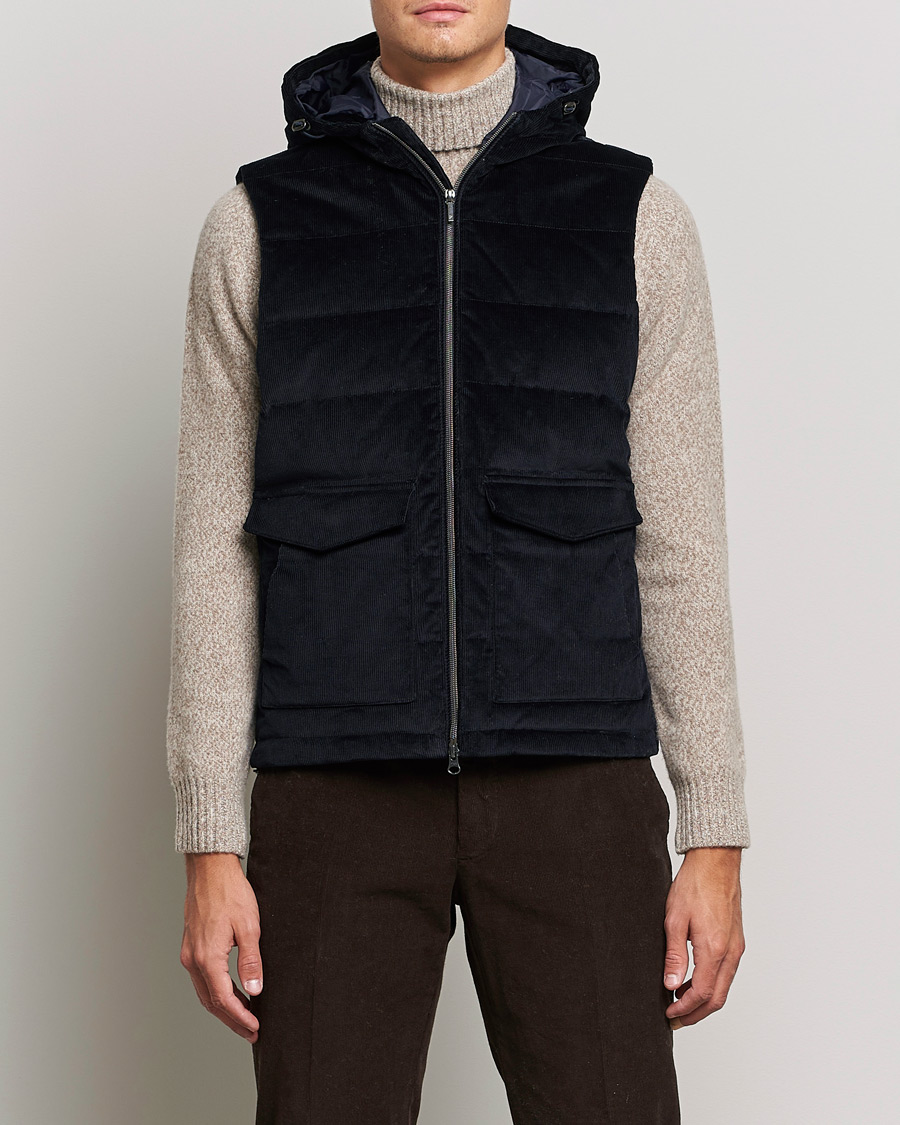 Men | Coats & Jackets | Stenströms | Hooded Corduroy Vest Navy