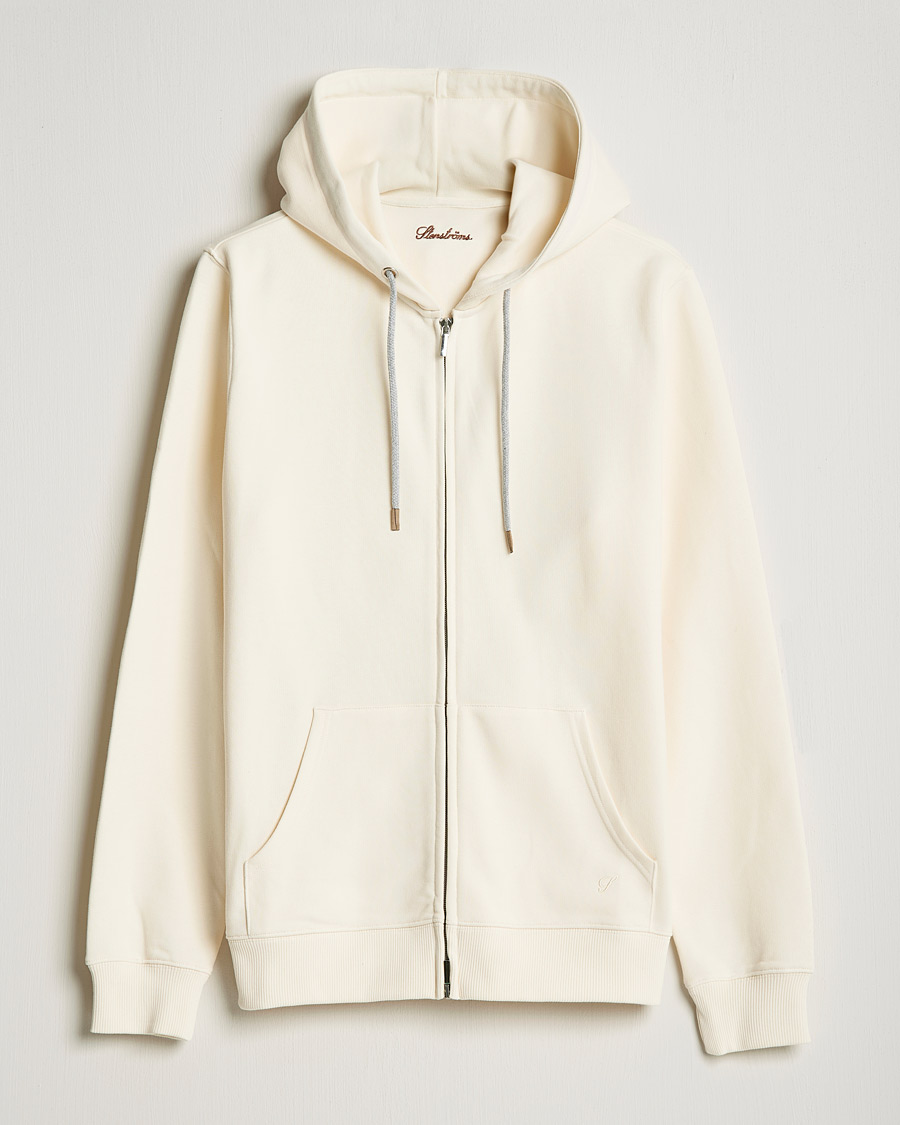 Men | Sweaters & Knitwear | Stenströms | Cotton Jersey Full Zip Hoodie Creme White