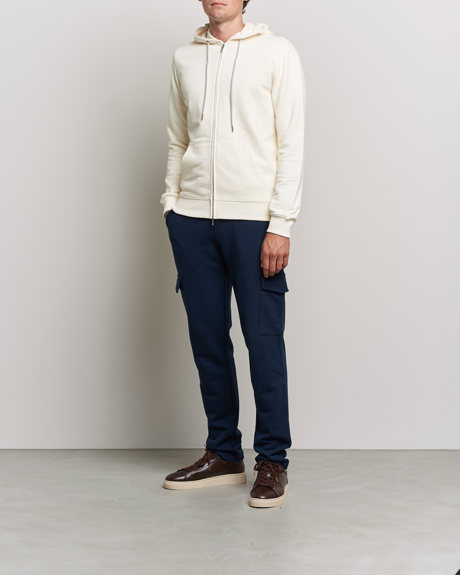 Men | Sweaters & Knitwear | Stenströms | Cotton Jersey Full Zip Hoodie Creme White