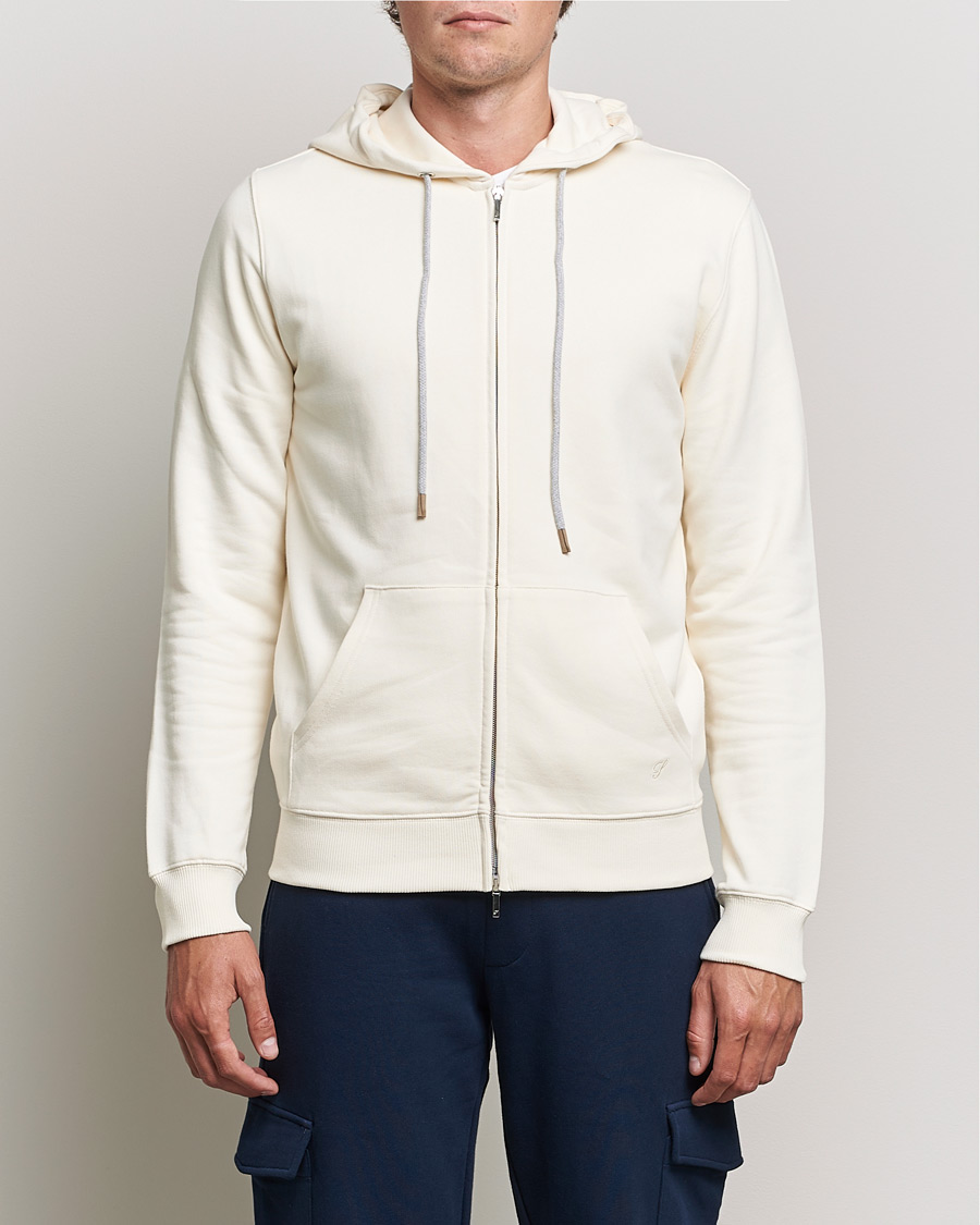 Men | Sweaters & Knitwear | Stenströms | Cotton Jersey Full Zip Hoodie Creme White