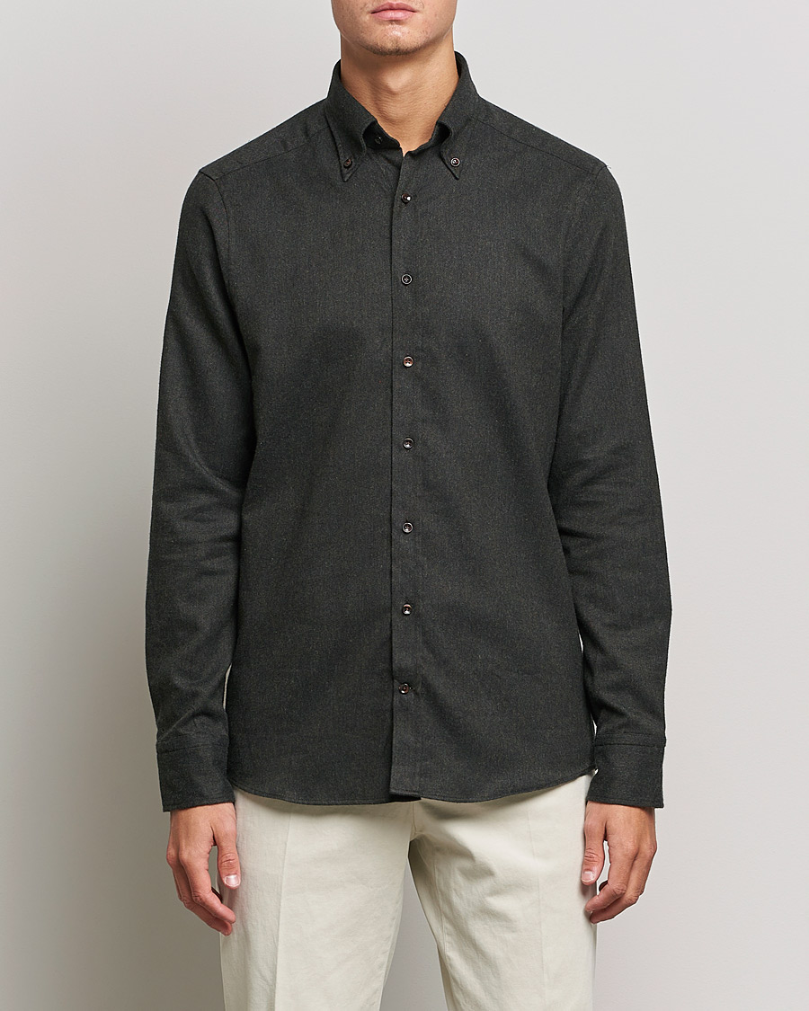 Men | Shirts | Stenströms | Slimline Flannel Shirt Dark Green