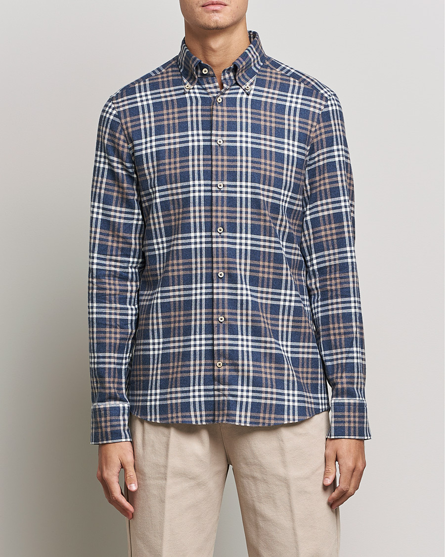 Men | Shirts | Stenströms | Slimline Checked Flannel Shirt Blue
