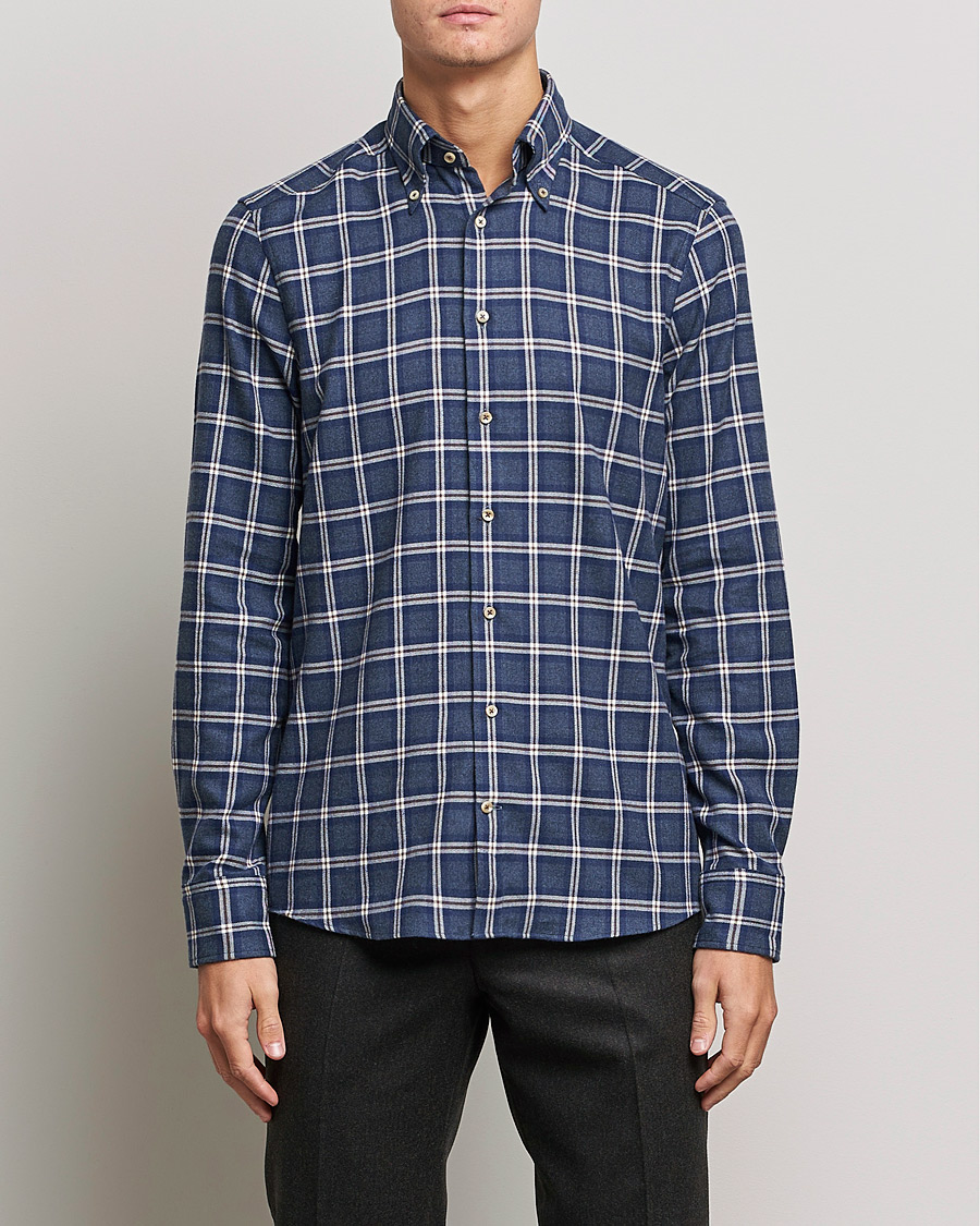 Men | Flannel Shirts | Stenströms | Slimline Checked Flannel Shirt Blue