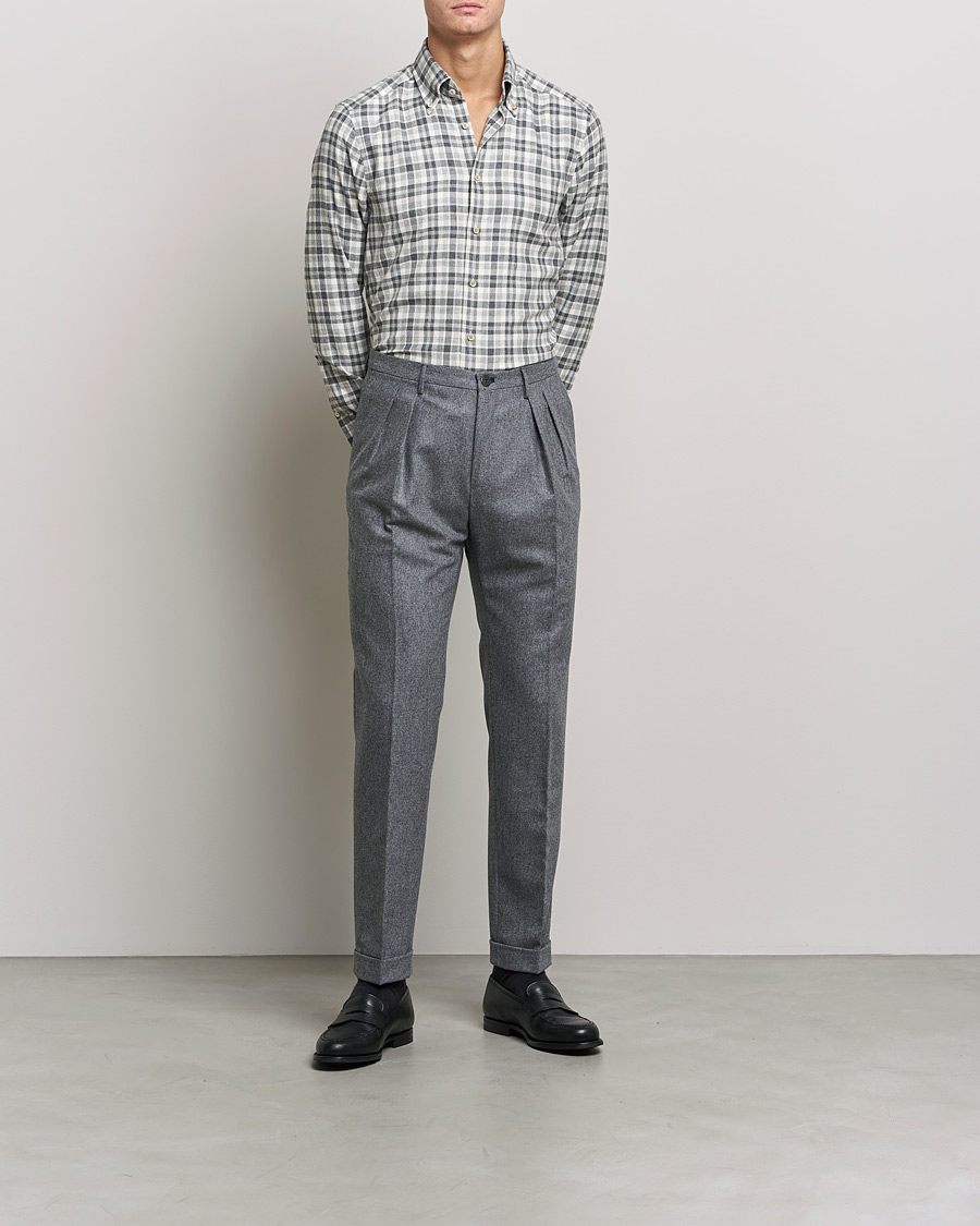 Men | Shirts | Stenströms | Slimline Checked Flannel Shirt Grey/White
