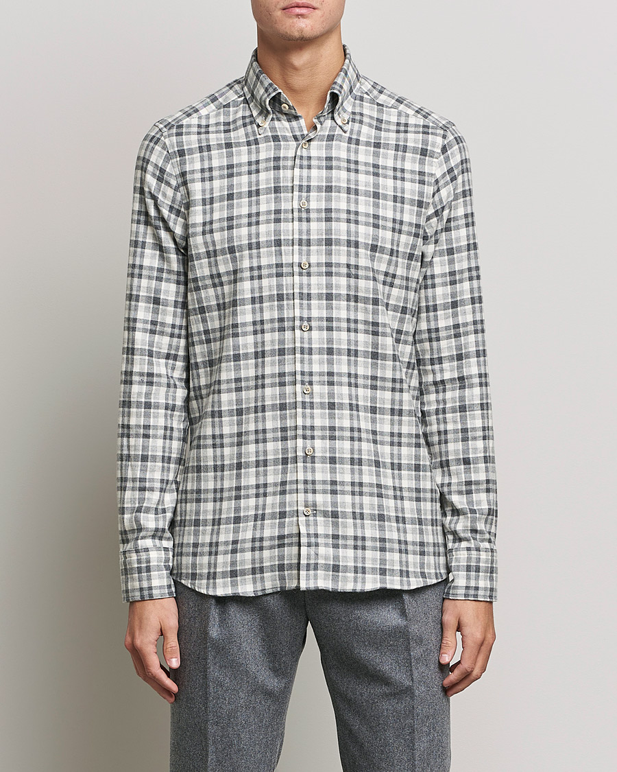Men | Flannel Shirts | Stenströms | Slimline Checked Flannel Shirt Grey/White