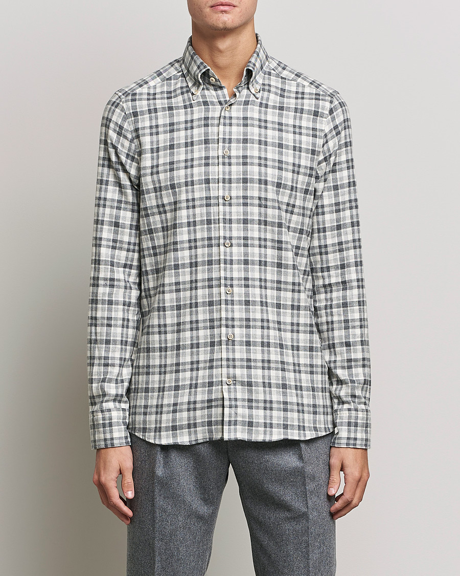 Men | Shirts | Stenströms | Slimline Checked Flannel Shirt Grey/White