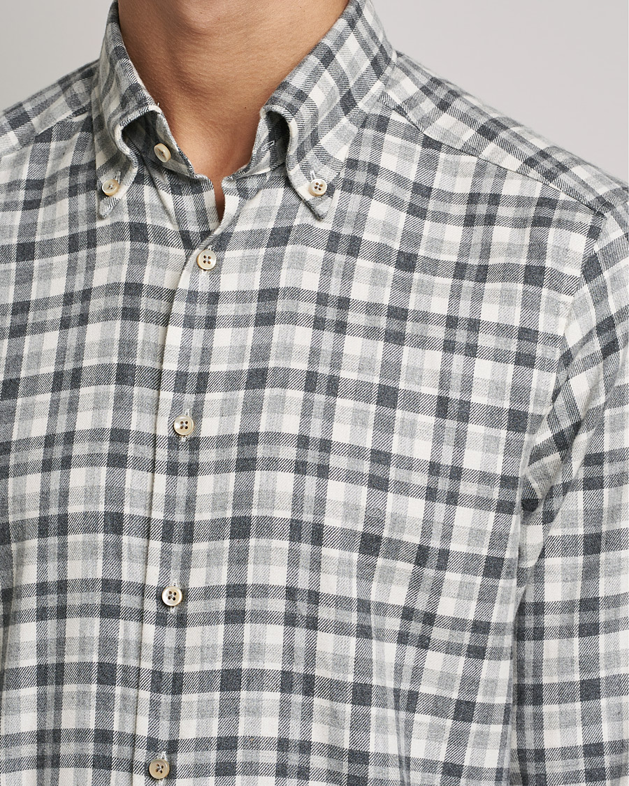 Men | Shirts | Stenströms | Slimline Checked Flannel Shirt Grey/White