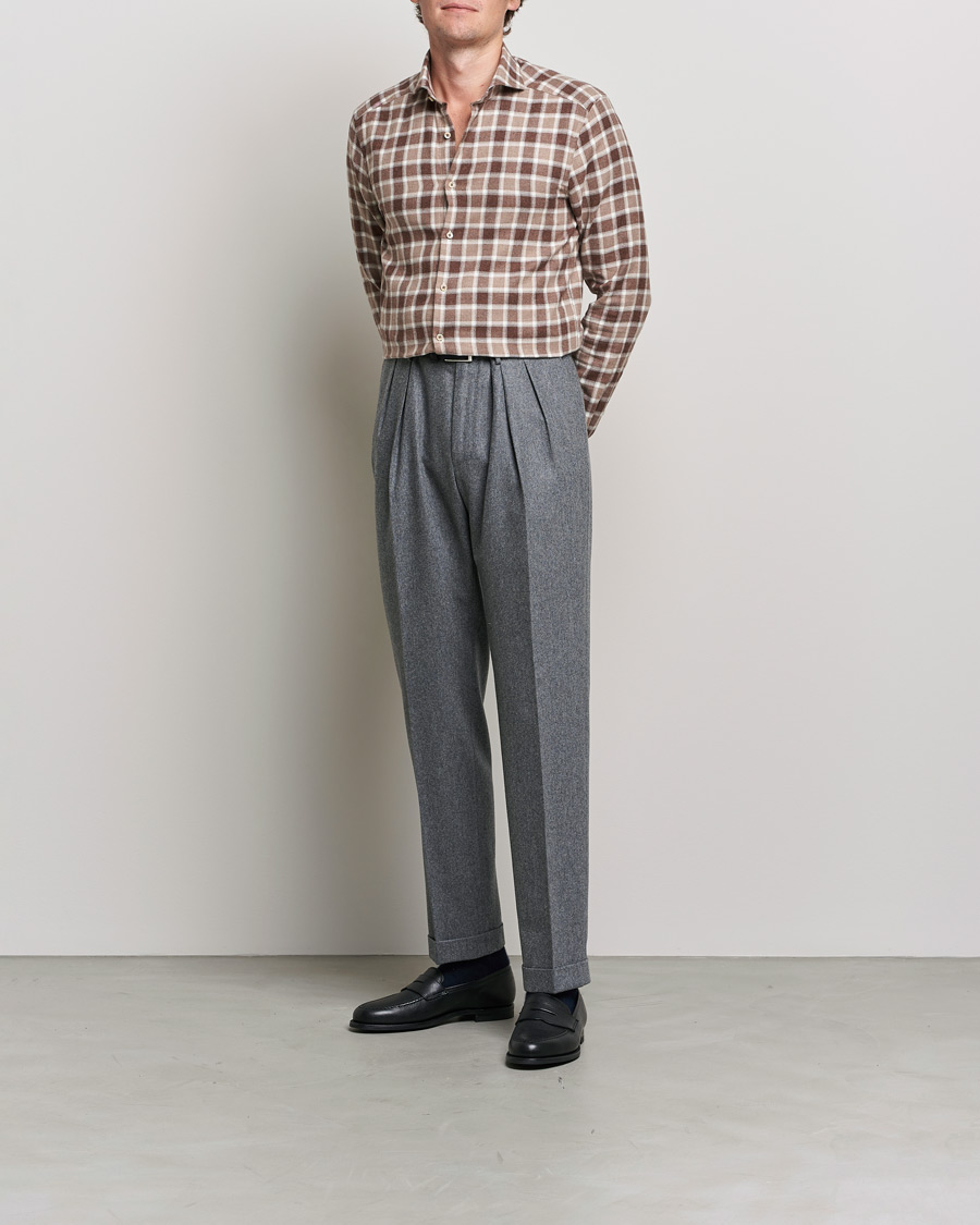 Men | Shirts | Stenströms | Slimline Checked Flannel Shirt Brown