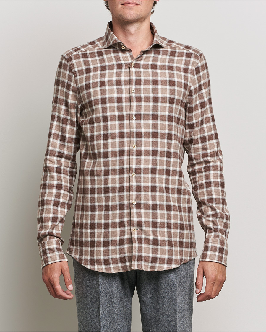 Men | Flannel Shirts | Stenströms | Slimline Checked Flannel Shirt Brown