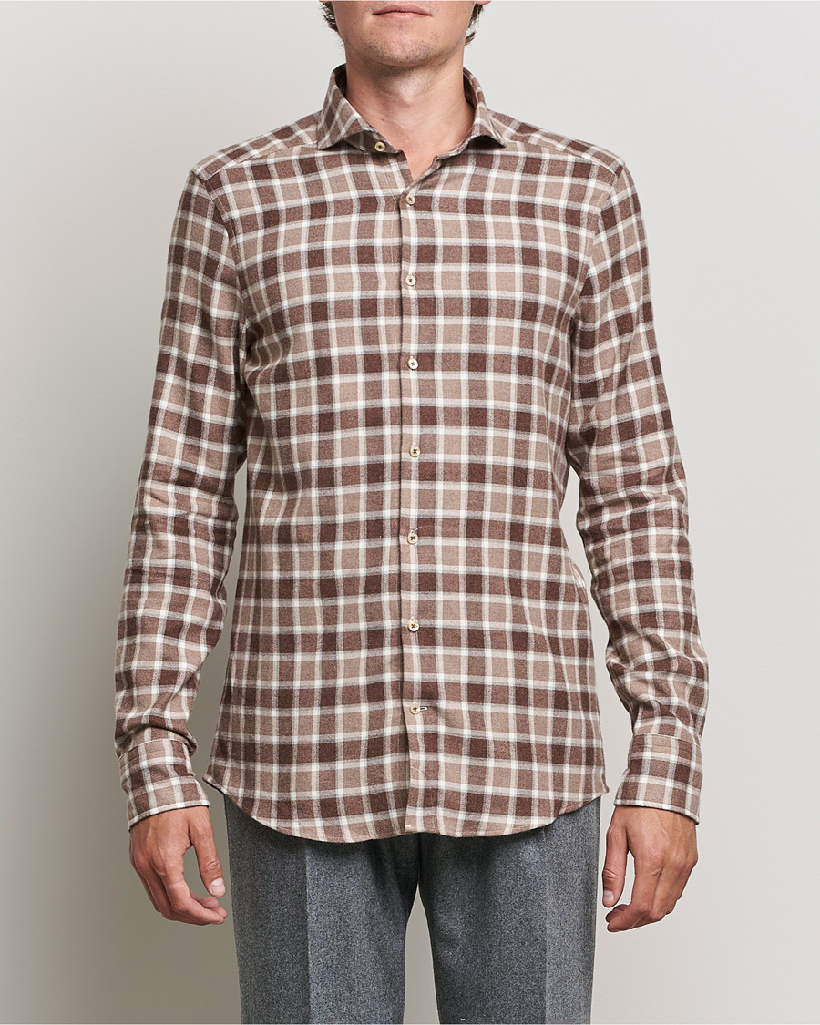 Men | Shirts | Stenströms | Slimline Checked Flannel Shirt Brown