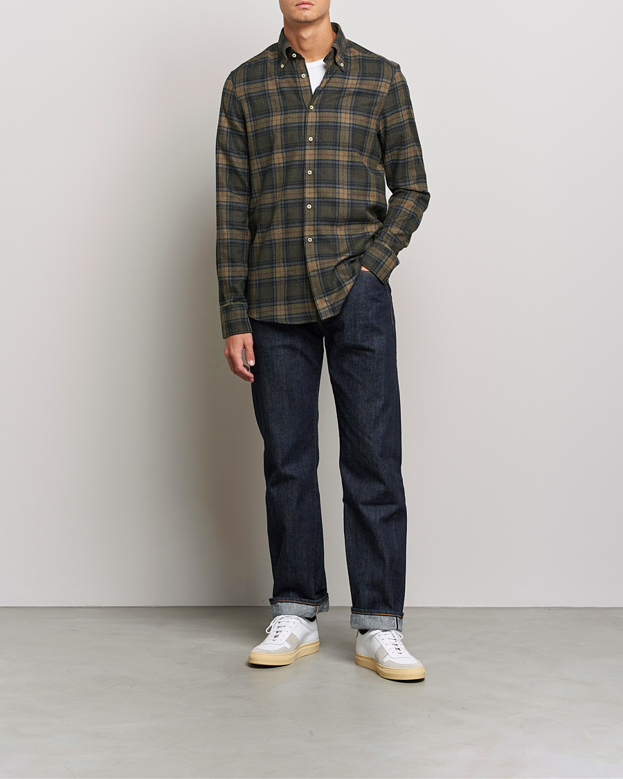 Men | Shirts | Stenströms | Slimline Checked Flannel Shirt Dark Green