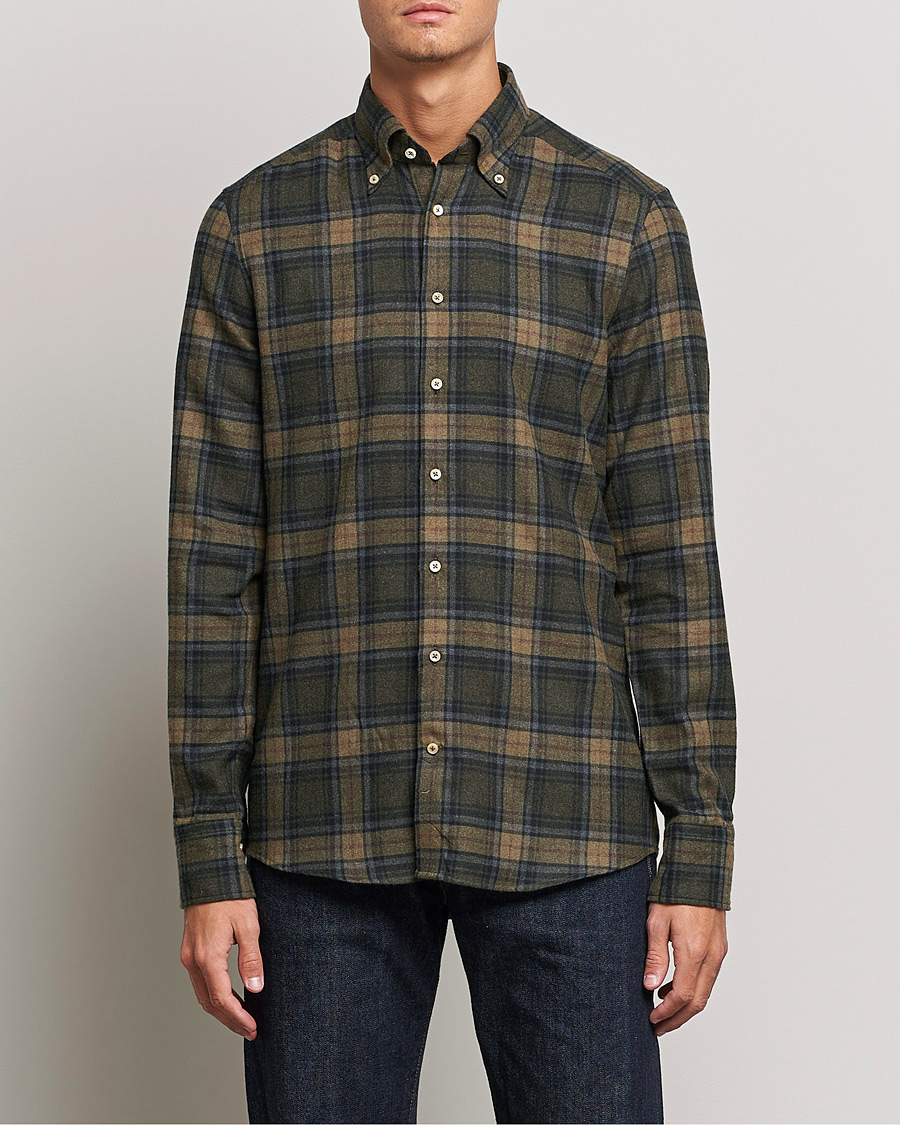 Men | Shirts | Stenströms | Slimline Checked Flannel Shirt Dark Green