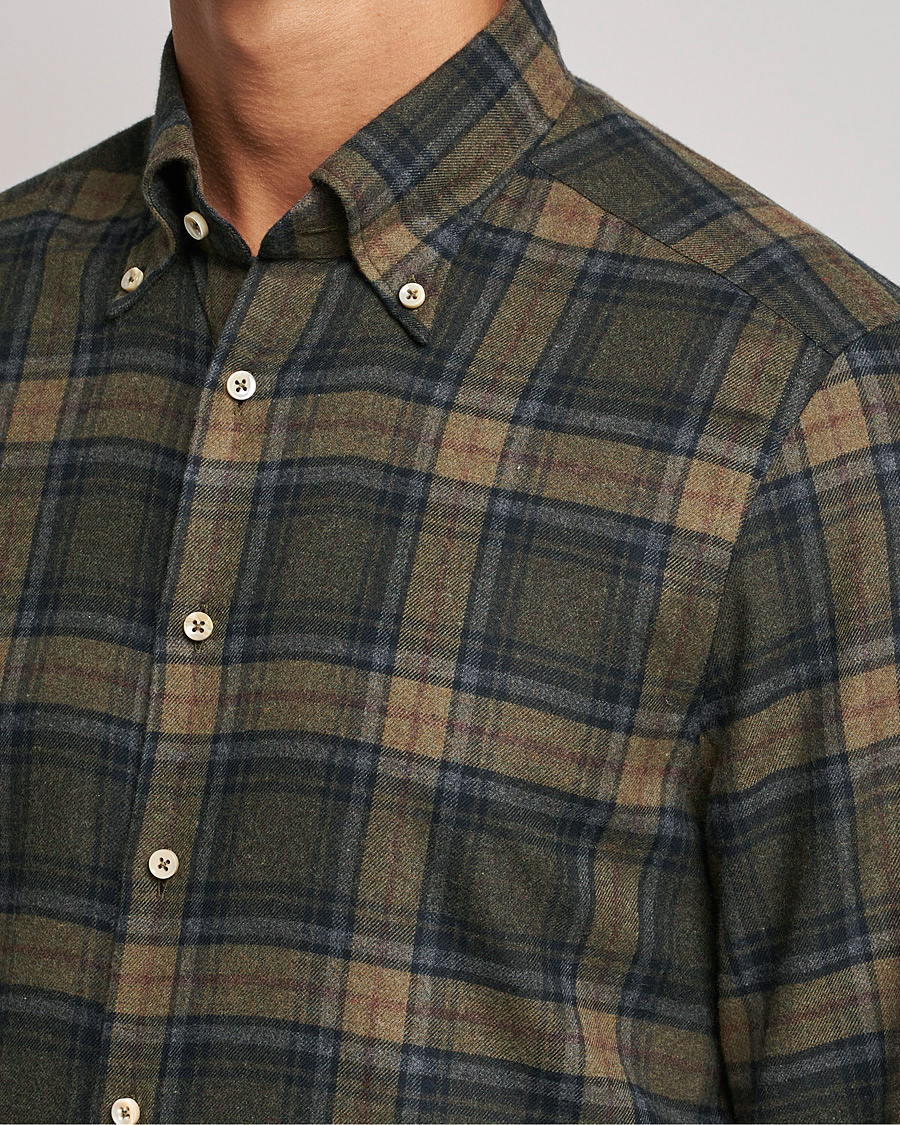 Men | Shirts | Stenströms | Slimline Checked Flannel Shirt Dark Green