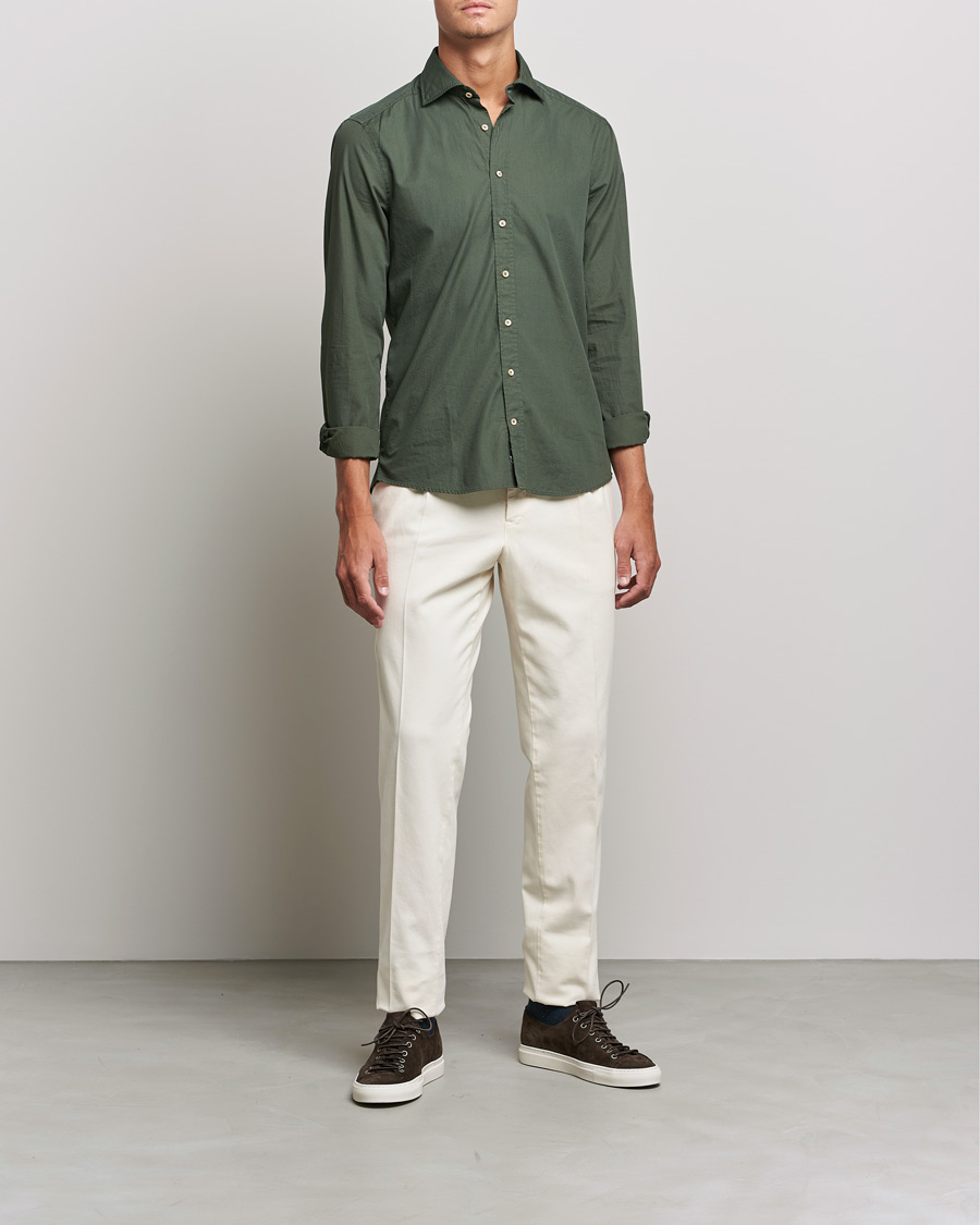 Men | Shirts | Stenströms | Slimline Washed Cut Away Poplin Shirt Green