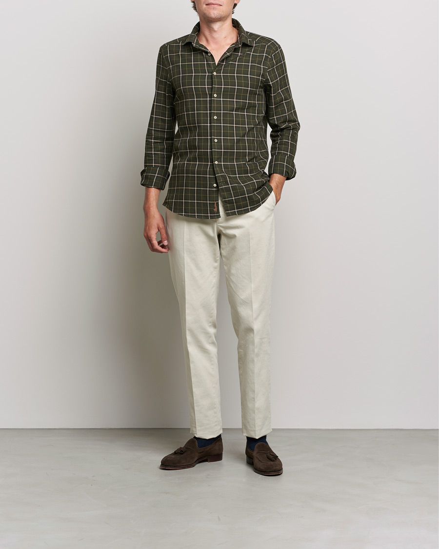 Men | Shirts | Stenströms | Slimline Cut Away Washed Checked Shirt Dark Green