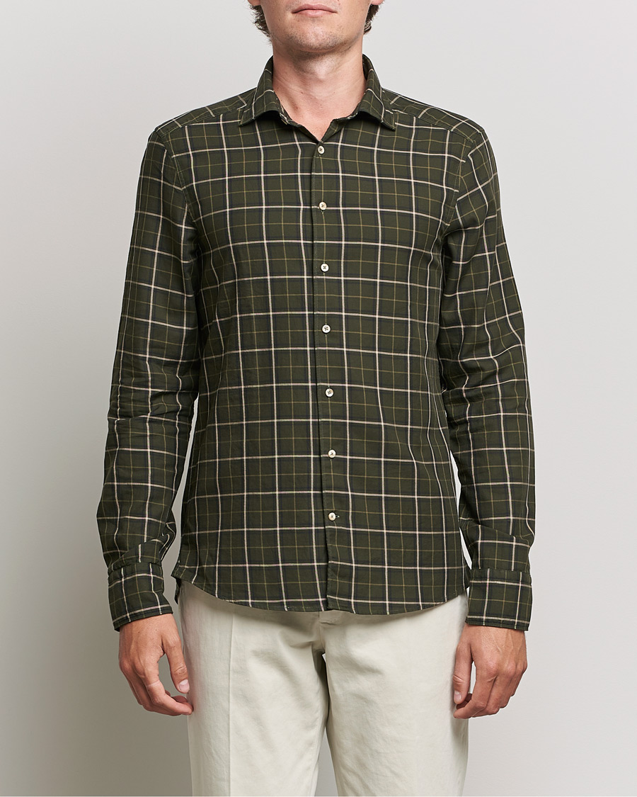Men | Shirts | Stenströms | Slimline Cut Away Washed Checked Shirt Dark Green