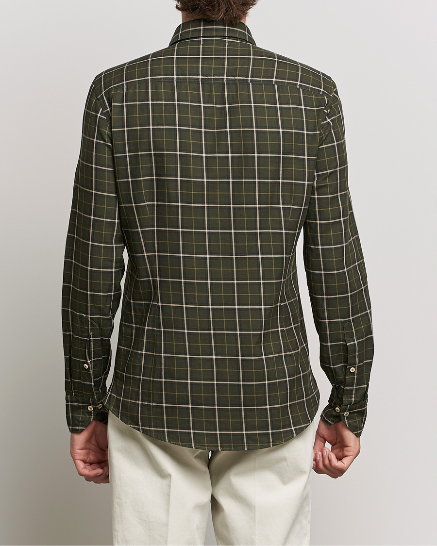 Men | Shirts | Stenströms | Slimline Cut Away Washed Checked Shirt Dark Green