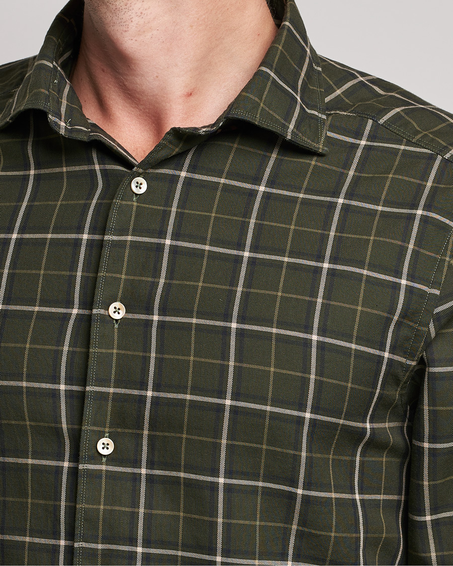 Men | Shirts | Stenströms | Slimline Cut Away Washed Checked Shirt Dark Green