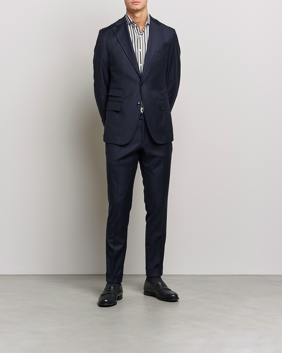 Men | Shirts | Stenströms | Slimline Cut Away Wide Striped Shirt Blue/Green