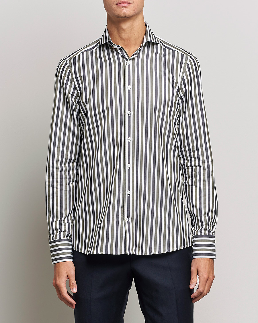 Men | Shirts | Stenströms | Slimline Cut Away Wide Striped Shirt Blue/Green