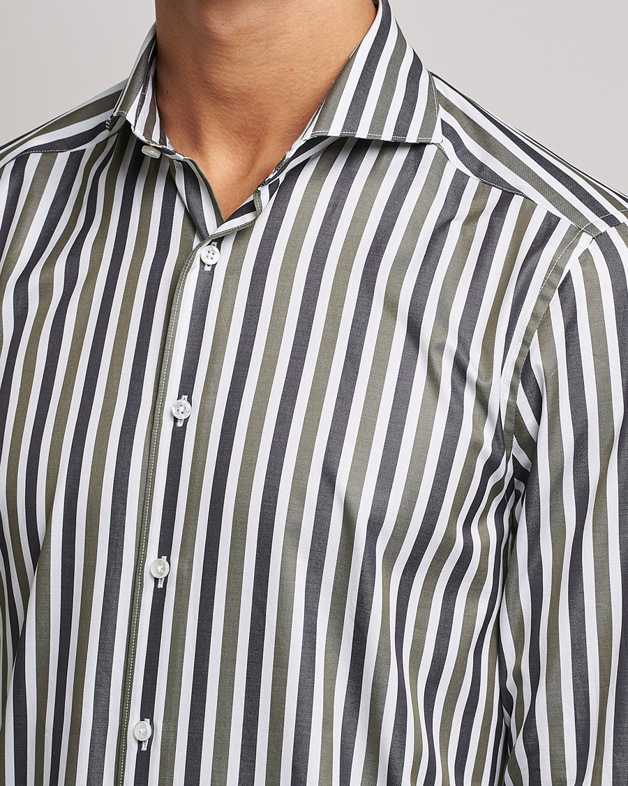 Men | Shirts | Stenströms | Slimline Cut Away Wide Striped Shirt Blue/Green