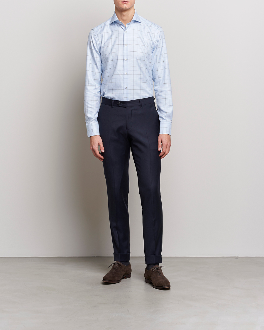 Men | Formal | Stenströms | Slimline Cut Away Windowpane Shirt Blue
