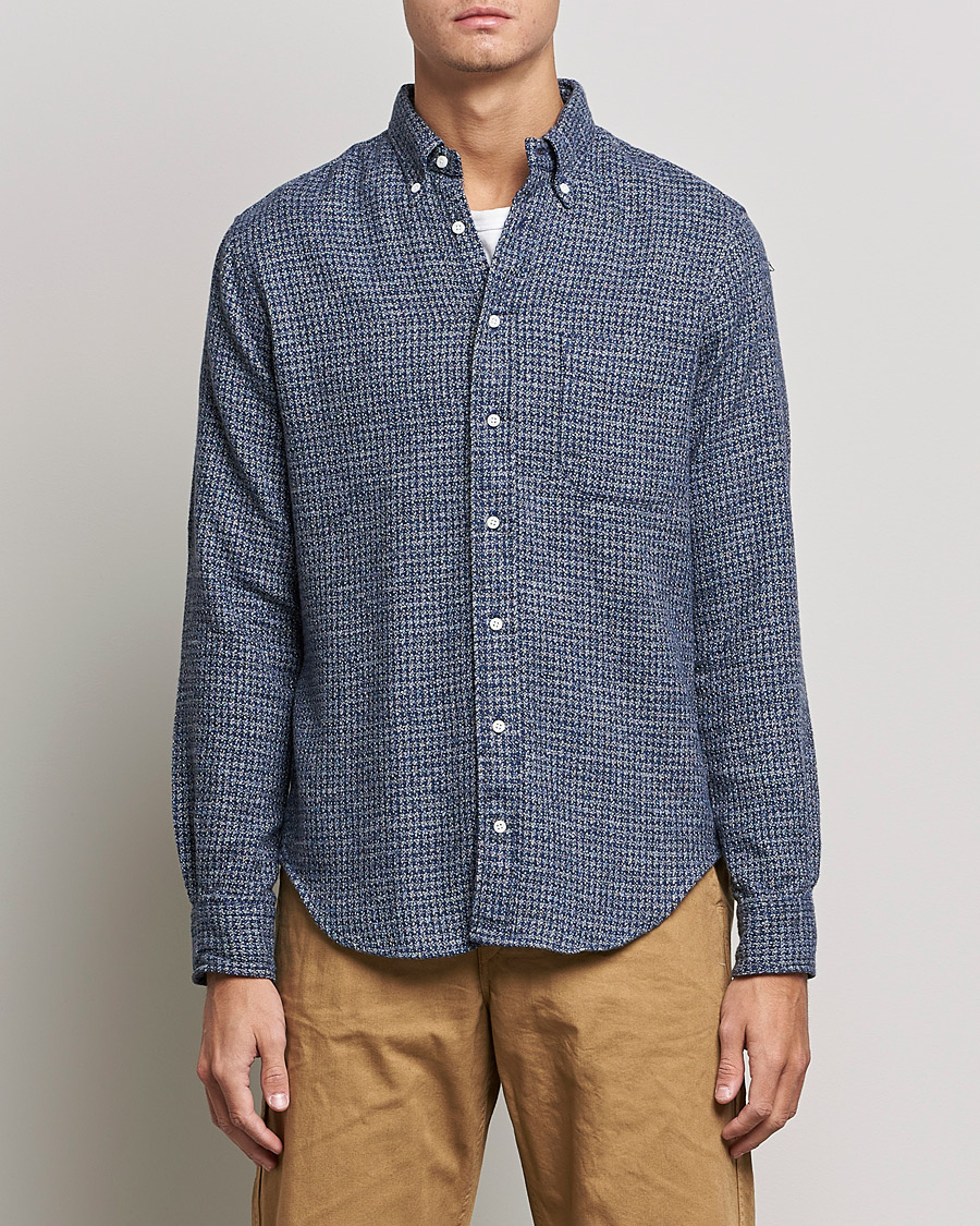 Men | Shirts | Gitman Vintage | Button Down Houndstooth Flannel Shirt Dark Blue
