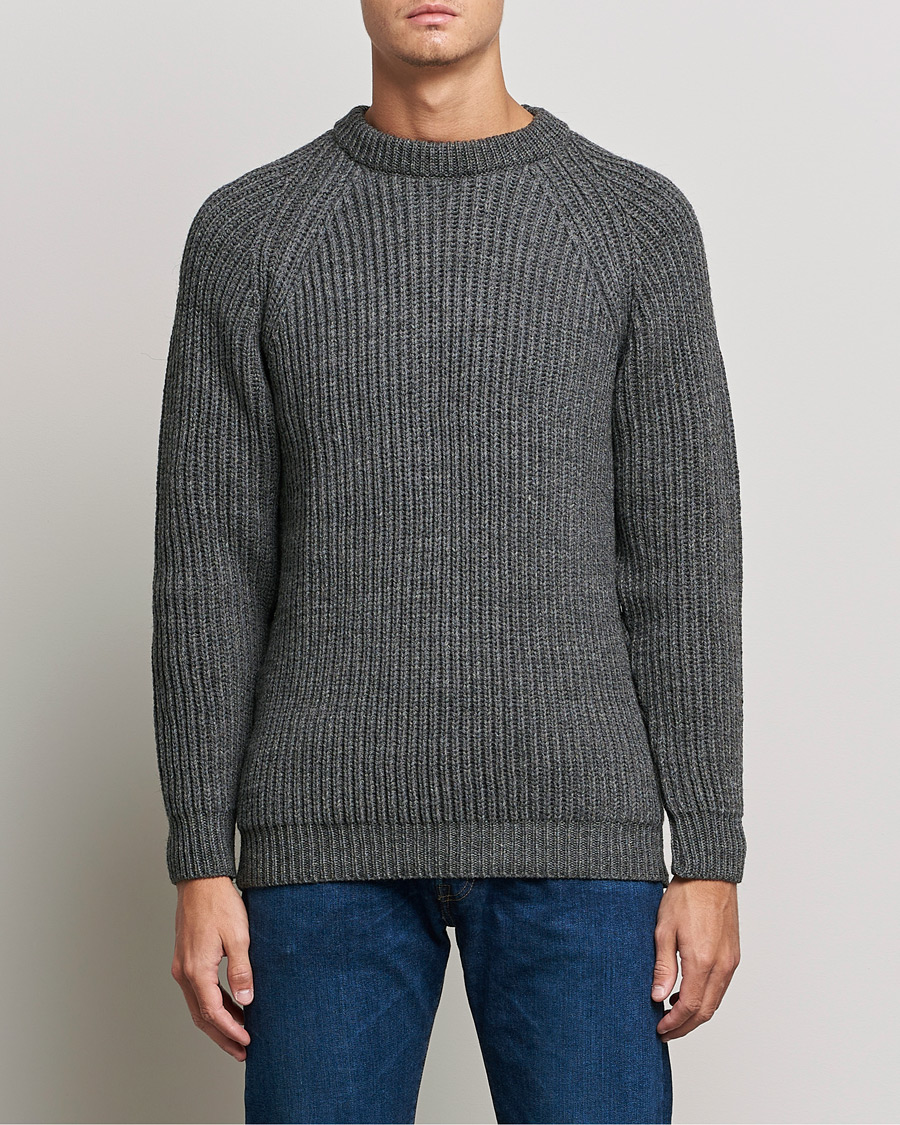 Gloverall Fisherman Rib Chunky Wool Crew Neck Grey at CareOfCarl.com