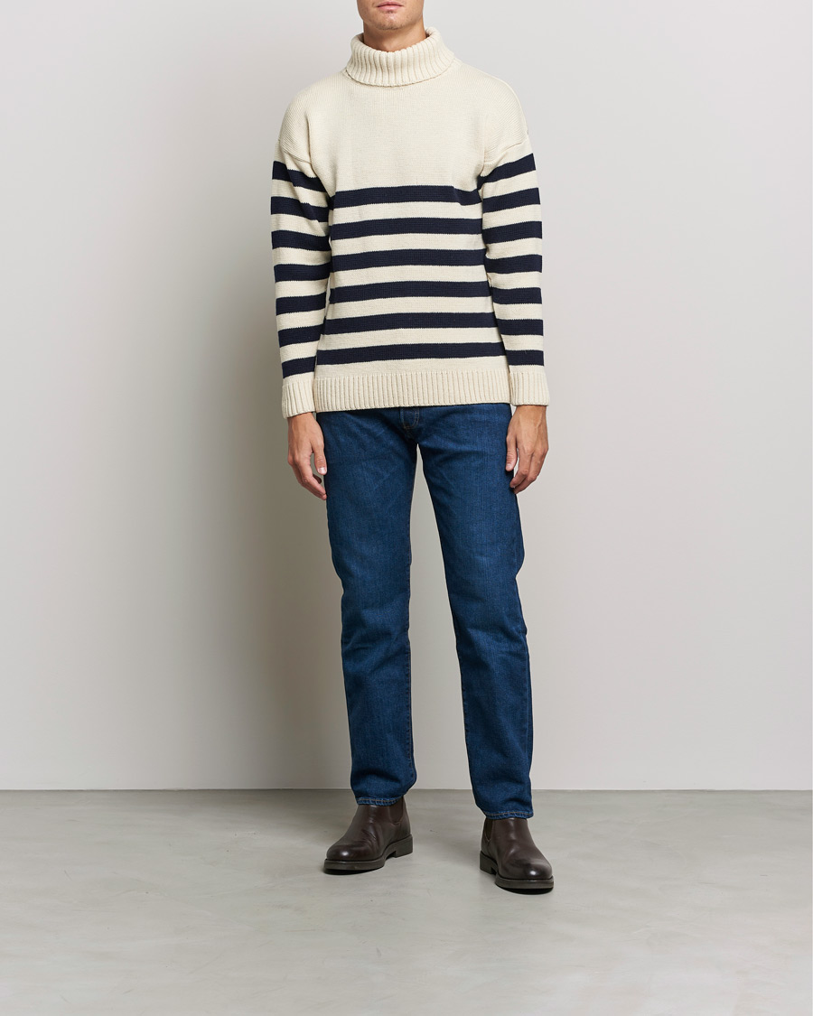Men | Sweaters & Knitwear | Gloverall | Breton Submariner Wool Rollneck Ecru/Navy