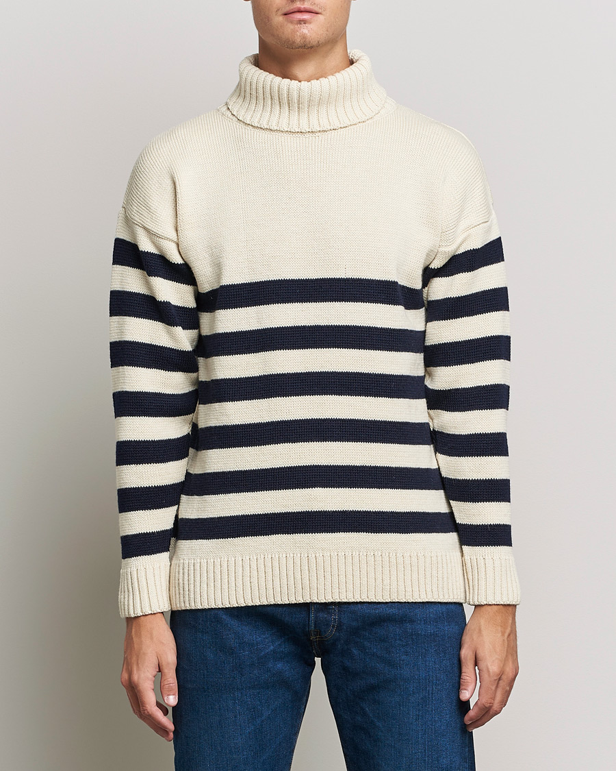 Men | Sweaters & Knitwear | Gloverall | Breton Submariner Wool Rollneck Ecru/Navy