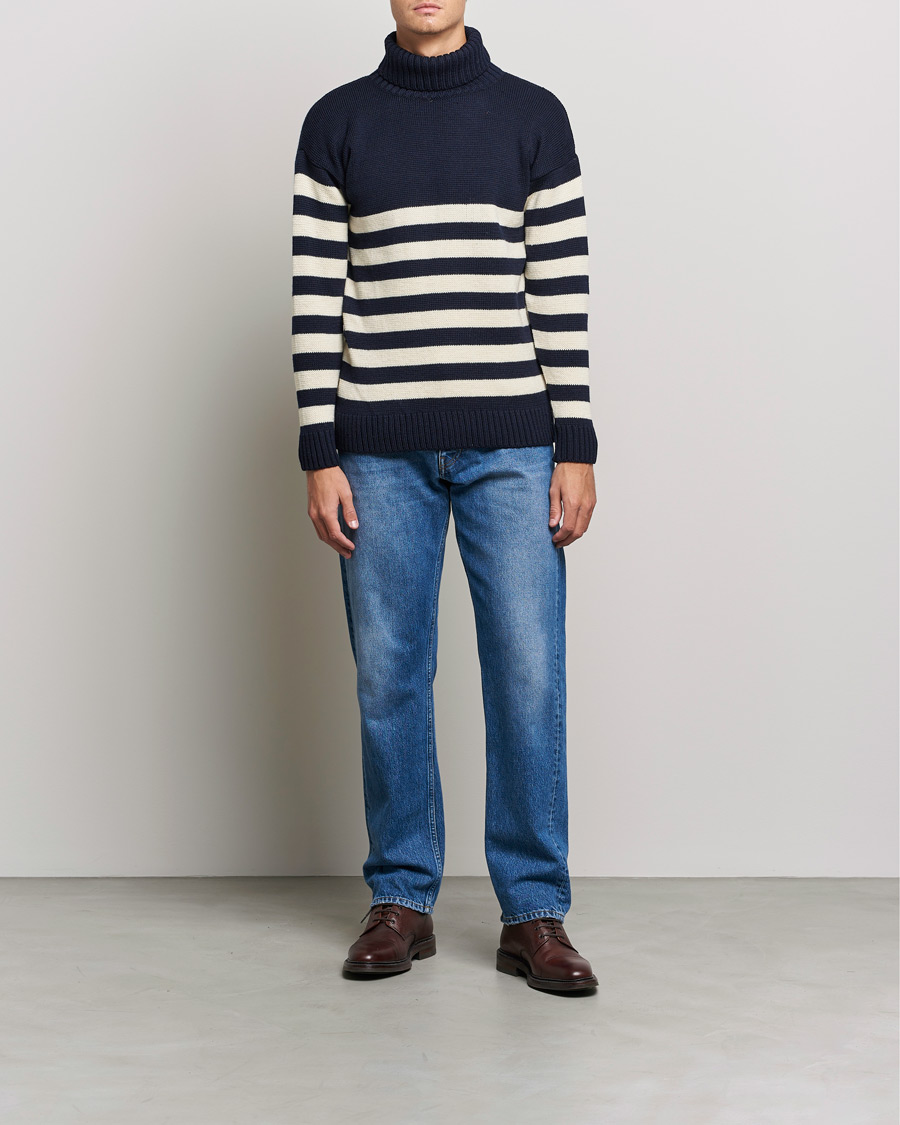 Men | Sweaters & Knitwear | Gloverall | Breton Submariner Wool Rollneck Navy/Ecru