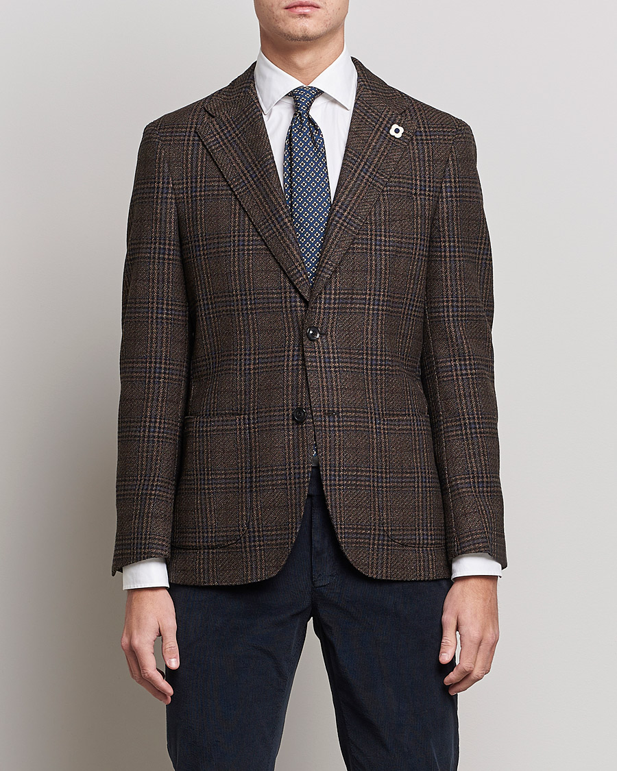 Men | Blazers | Lardini | Checked Patch Pocket Wool/Silk Blazer Brown
