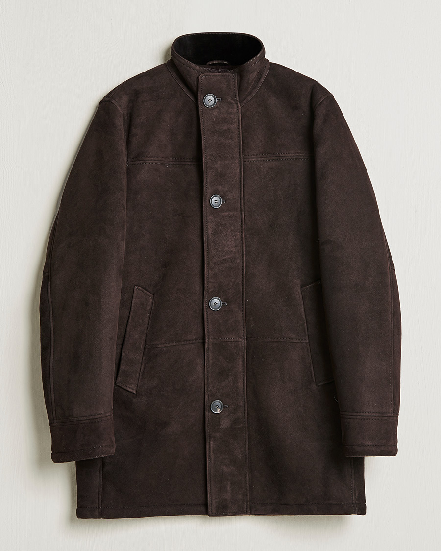 Men | Coats & Jackets | Oscar Jacobson | Carling Sherling Suede Coat Dark Brown