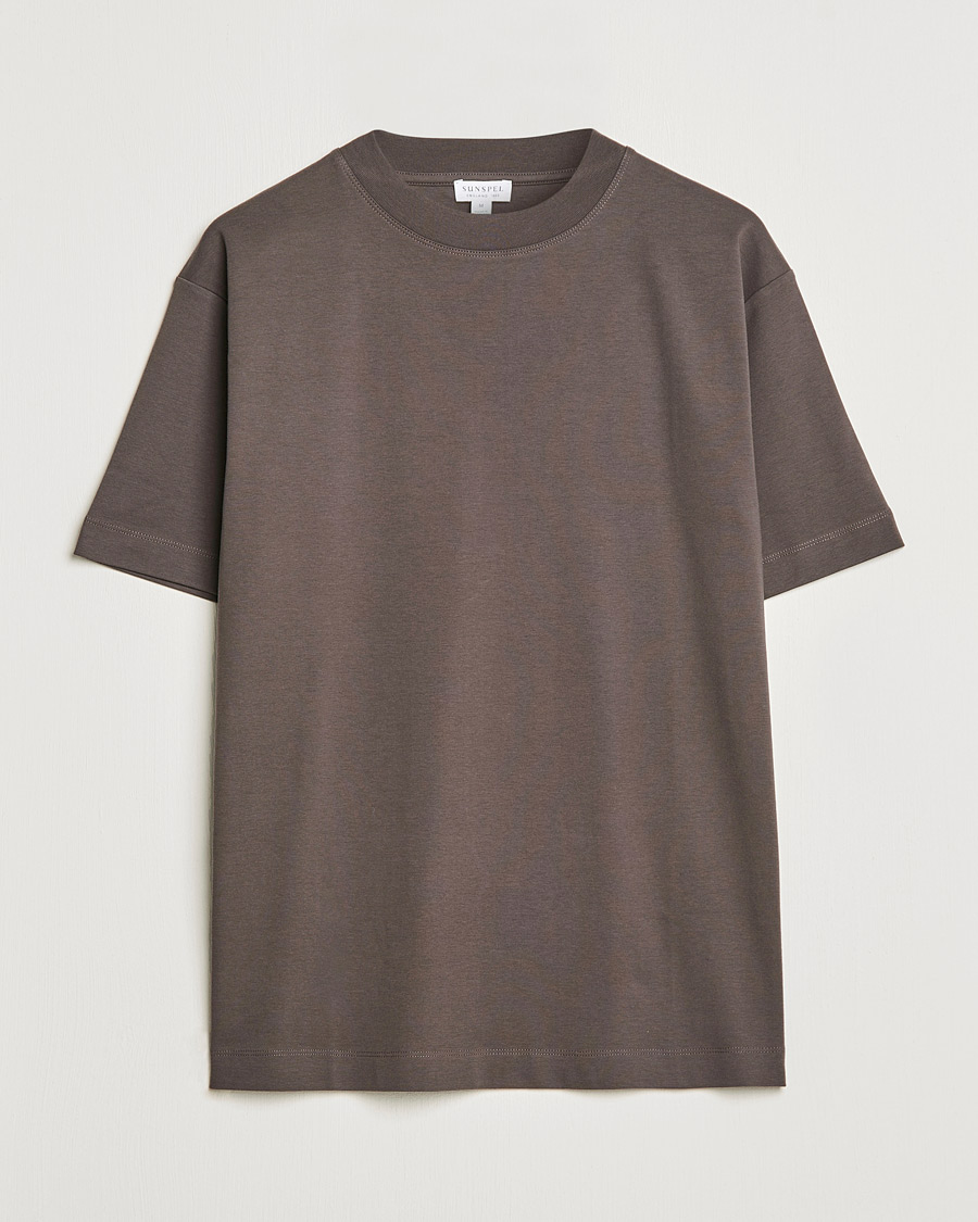 Men | T-Shirts | Sunspel | Brushed Cotton Mock Neck Tee Dark Walnut