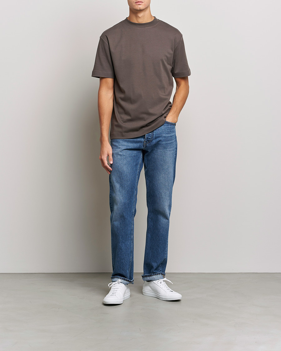 Men | T-Shirts | Sunspel | Brushed Cotton Mock Neck Tee Dark Walnut