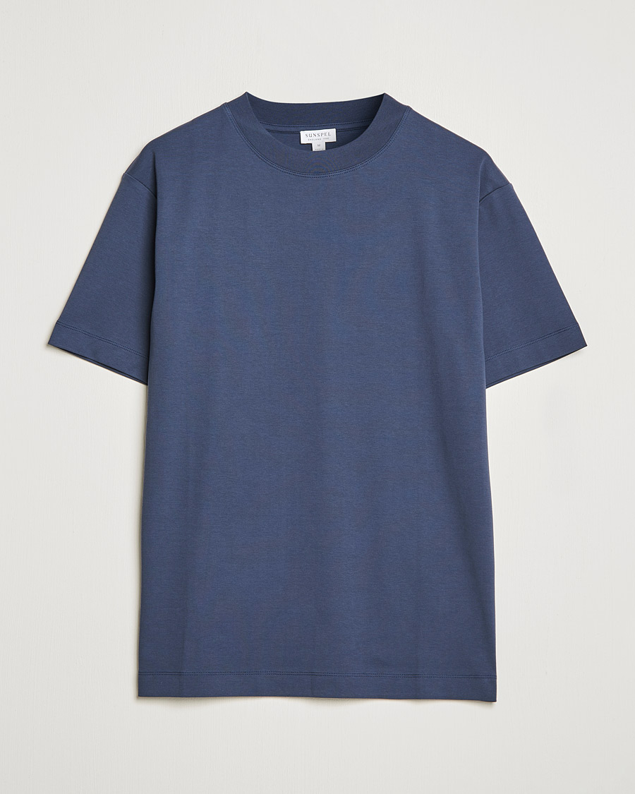 Men | T-Shirts | Sunspel | Brushed Cotton Mock Neck Tee Navy