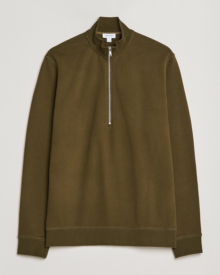 Men | Sweaters & Knitwear | Sunspel | Loopback Half Zip Sweatshirt Dark Moss