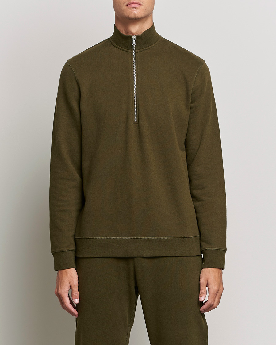 Men | Sweaters & Knitwear | Sunspel | Loopback Half Zip Sweatshirt Dark Moss