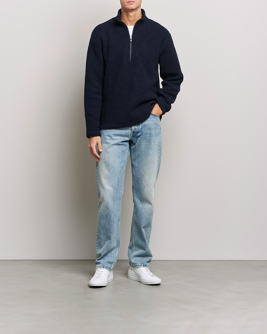 Men | Sweaters & Knitwear | Sunspel | Eco Wool Half Zip Fleece Navy