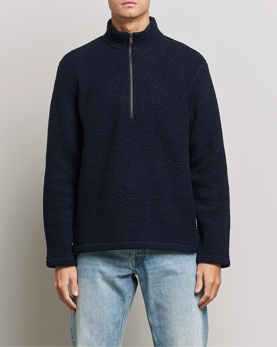 Men | Fleece Sweaters | Sunspel | Eco Wool Half Zip Fleece Navy