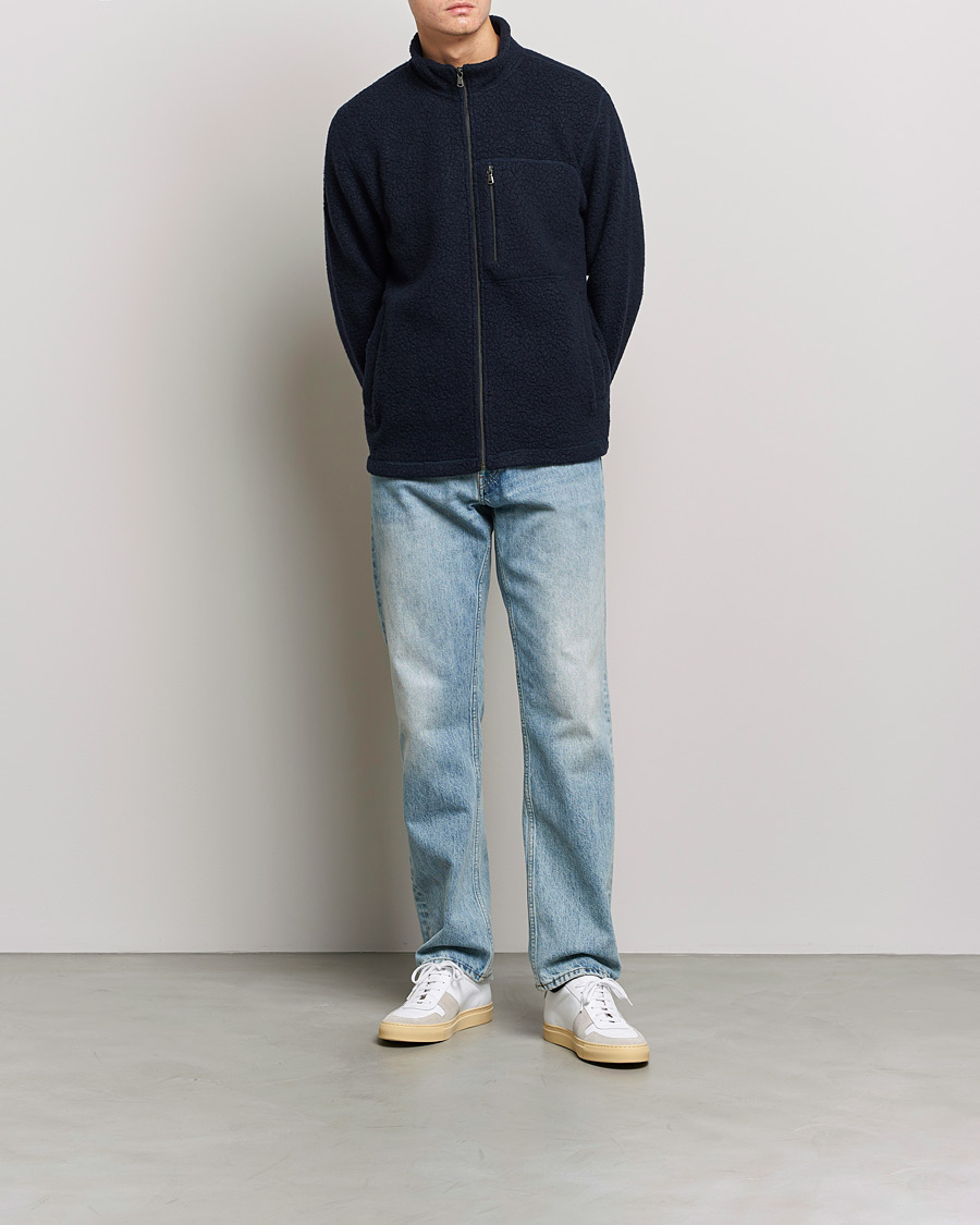 Men |  | Sunspel | Eco Wool Full Zip Fleece Jacket Navy