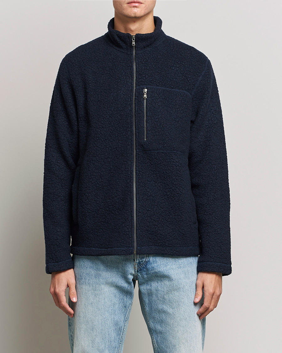 Sunspel Eco Wool Full Zip Fleece Jacket Navy at
